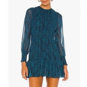 NWT MISA Los Angeles Dress Womens XS Long Sleeve Ruffle Hem Roisin in Snake Teal